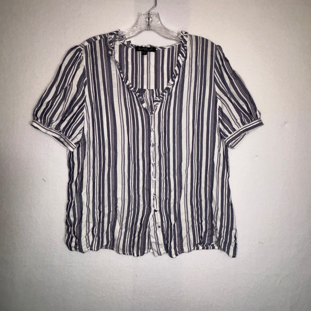 Velvet Heart Striped Button Front Ruffle‎ V Neck Short Sleeve Blouse Top Large